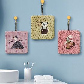 Resim 1 Adet Sevimli Karakter Desenli Asma Havlu, %100 Kalın Koral Polar Kumaş, 7.9×7.9 İnç (20×20 cm), Ultra Yumuşak, Hızlı Kuruyan, Süper Emici, Modern Tasarım - Banyo ve Mutfak Dekoratif Şal, Tavşan & Ayı Kare Havlu 