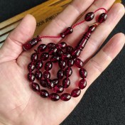 Resim Vip Kehribar Ebu Sırr Imzalı 8X11 mm Beyzi Katalin Tesbih Şeffaf Delim Osmanlı Benzetme Kanayan Baga Ahşap Kutulu 