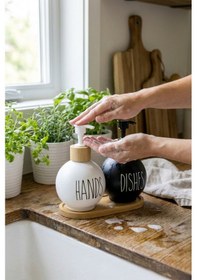 Resim Makri Home 2'li Cam Sıvı Sabunluk Seti Ve Bambu Stant 450 Ml Siyah-beyaz Beyaz - Siyah 