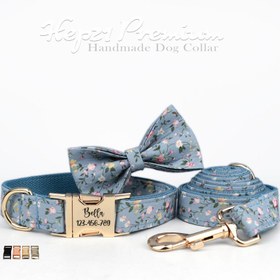 Resim Dog Collar Named Floral Patterned Collar 703954 - Blue Leash + Bow Tie + Strap / L 