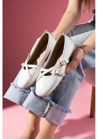 Resim Kadın Rugan Çapraz Biye Ve Toka Detaylı Babet - Beyaz - 37 Beyaz 