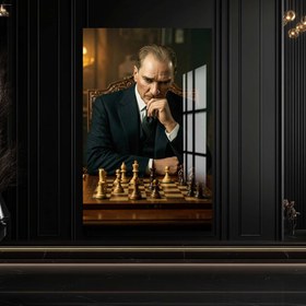 Resim Atatürk Satranç Cam Tablo - Siyah / 70x110 cm 