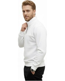 Resim Deepsea Erkek Beyaz Relax Fit İçi Polarlı %100 Pamuk Yarım Fermuarlı Dik Yaka Sweatshirt 2600760 Beyaz 