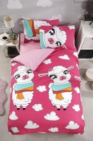 Resim Çerşafı Lastikli Kuzulu Çocuk Nevresim Takımı Pembe Tek Kişilik, Pembe 