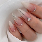 Resim 24 adet Badem Şekilli Tırnak Seti, Karışık Renk Gradyanı, Rhinestones ile Parlak Bitiş, Kadınlar için Orta Uzunluklu Basma Tırnaklar 
