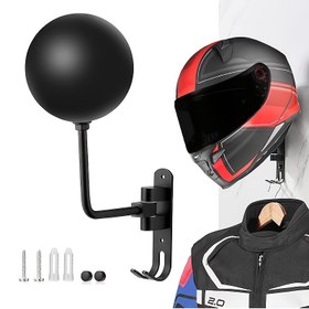 Resim Duvara monte edilebilen 180 derece dönebilme özelliğine sahip motosiklet kask tutacağı rafı, ceketler, şapkalar, futbol topları, beyzbol topları ve kasklar için 2 kanca ile birlikte gelir 