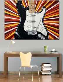 Resim Çizgili Fonda Rock Gitarı Dekoratif Kanvas - Mdf Ahşap Tablo 