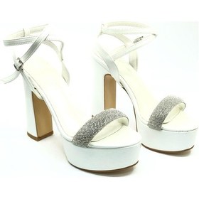 Resim Feles 13 Cm Yüksek Platform Tek Bant Topuklu Taşlı Kadın Abiye Ayakkabı Beyaz 