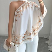 Resim 1 adet Kadınların Zarif Çiçek Desenli Batwing Kollu Tek Omuzlu Asimetrik Etek Bağlama Bluz - Omuz Üstü Yaka, Hafif Polyester, Bahar Yaz Sonbahar Rahat ve Resmi Giyim, Yaz Modası Üst | Omuz Üstü Bluz | Parlak Dokulu, Bayanlar Bluzları 