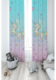 Resim Mekta Home Bebek Ve Çocuk Odası Uçan Unicorn Desenli 2 Kanat Fon Perde 