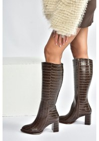 Resim Fox Shoes V590179611 Kahverengi Süet Kalın Topuklu Klasik Kadın Çizme Kahverengi-kroko Baskı 