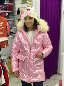 Resim Parlak Kürklü Şapkalı Mont Pembe 