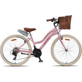 Resim Trendbisiklet Retro Classic 26 Jant Bisiklet, Shimano 21 Vites, Hasır Sepetli Vintage Şehir Bisikleti, Krem Lastik 