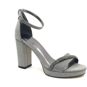 Resim Feles Şerit Taş Detaylı Tek Bant Platform 11 Cm Topuklu Kadın Ayakkabı Platin 