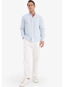 Resim Defacto Regular Fit Polo Yaka Çizgili Pamuklu Uzun Kollu Gömlek E7892ax25aube723 Mavi 