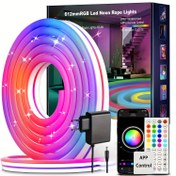 Resim Boluoova 3/5/10/15M RGB LED Neon Şerit Işıkları, Su Geçirmez, Esnek Köşe ve Dolap Aydınlatması, 220-240V Avrupa Standart Fişi ile, Noel, Cadılar Bayramı, Parti, Ev Dekoru için, Şarj Edilemeyen Düğme Pili, Dahili Mikrofon 