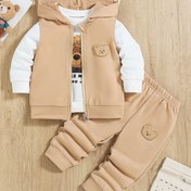 Resim 3 parça Çocuk Erkek Ayı Nakış Seti, Kapüşonlu Yelek, Ayı Baskılı Sweatshirt ve Pantolon Dış Mekan Takımı, Çocuk İlkbahar ve Sonbahar Giyimi, Hediye olarak, Dış Mekan Giyimi 