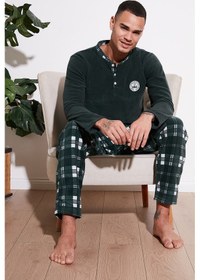 Resim Buratti Ekoseli Regular Fit Düğmeli Bisiklet Yaka Kışlık Polar Erkek Pijama Takımı 60961002 Yeşil 