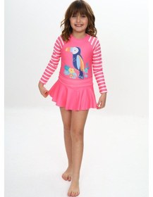 Resim Lolliboomkids Kız Çocuk Beyaz Pembe Renk Şanslı Tukan Kuşu Baskılı Uzun Kollu Tayt Etekli 2 Parça Mayo / Bikini Takımı Tukan Çok Renkli 