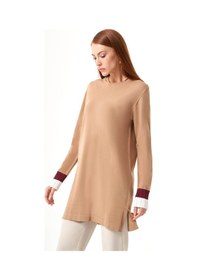 Resim Mizalle Kol Piliseli Rayon Triko Camel-beyaz Tunik Camel 