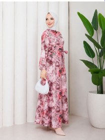 Resim %100 Pamuk Mango Kumaş Çiçek Desenli Boydan Düğmeli Tesettür Elbise Pembe 