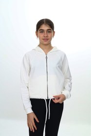 Resim Toontoy Ekru Kız Çocuk Ekru Kapüşonlu Fermuarlı Reglan Kol Örme Hırka - Beli Ayarlanabilir Kordonlu uyumlu 