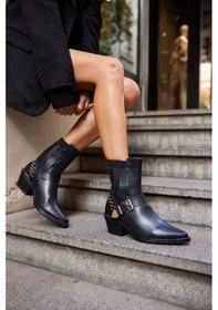 Resim Toya Kadın Bej Gercek Suet Western Bot Siyah Deri 