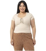 Resim Büyük Beden Yarım Kollu Göğüste Bağcık Detaylı Kaşkorse Bej Rengi Body-bej Bej 