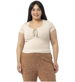 Resim Büyük Beden Yarım Kollu Göğüste Bağcık Detaylı Kaşkorse Bej Rengi Body-bej Bej 