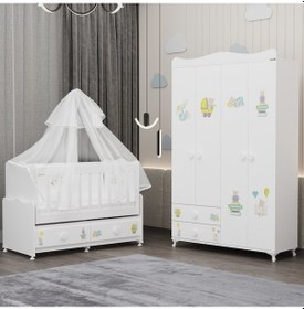 Resim Elegant Beşik Ve Yıldız 4 Kapaklı Dolap Yatak Uykuseti - Ayıcık Beyaz 