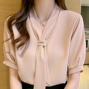 Resim Kadınların Şık Papyon Detaylı Şifon Bluzu - Hafif Dar Kesim Kısa Kollu Ofis Günlük Gömlek, %100 Polyester Makinede Yıkanabilir Tüm Sezon Üstü 