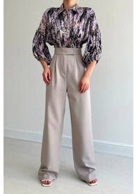 Resim Beli Lastikli Saten Gömlek - Lila Lila 