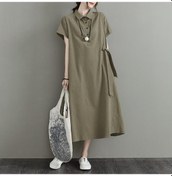 Resim Yaz Kadın Elbise Düz Renk Pamuk Keten Yaka Kısa Kollu Gevşek Cep Kadın Gündelik Elbise Yeşil 