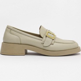 Resim Neva Bej Hakiki Deri Altın Tokalı Kadın Loafer Bej Deri Bej 
