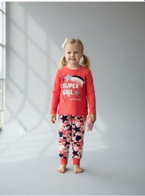 Resim Kız Çocuk Super Girl Yazılı Simli Baskılı Uzun Kollu Pijama Takımı-16828 Pembe 