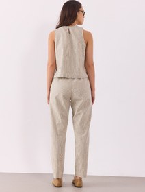 Resim Kadın Beli Lastikli Çizgili Keten Pantolon - Haki Çizgili - HAKİ ÇİZGİLİ / S / 27 