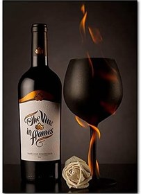 Resim Ahşap Tablo Alevli Şarap Yanan Kadeh ve Beyaz Gül 