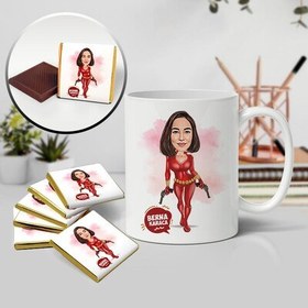 Resim Aksiyon Seven Kadın Karikatürlü Kupa ve Çikolata 