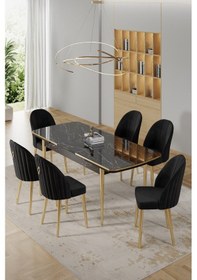 Resim Canisa Rada Serisi 80x132 Açılabilir Lak Panel Siyah Mermer Desen Masa 6 Siyah Sandalye Gold Detay Masa Siyah Mermer Desen Sandalye Siyah Gold Ayak 