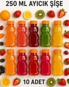 Open Home Concept 10 Adet Ayıcık Şişe – Turuncu Kapaklı, Okul ve Piknik İçin Eğlenceli Çocuk Meyve Suyu Şişesi 250 ml