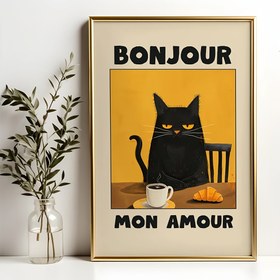 Resim 1 Adet Siyah Kedi Kahvaltı Sanat Posteri - "Bonjour Mon Amour" Vintage Esintili Duvar Dekoru, Çerçevesiz Tuval Baskı Mutfak, Yemek Odası veya Yatak Odası İçin, Sıcak Tonlarda Fransız Temalı Kedi İllüstrasyonu, Yatak Odası Dekoru | Çağdaş Sanat | Çerçevesiz Sanat Eseri, Kedi Dekoru 