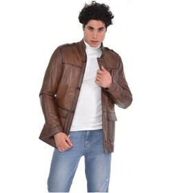 Resim Hakiki Deri Kapaklı Cepli Erkek Deri Ceket Kahverengi Kahverengi 