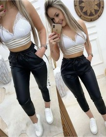 Resim Hazego Kadın Yüksek Bel Lastikli Yan Şerit Detaylı Deri Pantolon Siyah 