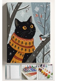 Resim Sayılarla Boyama Seti Numaralı Tuval Fırça Boya Dahil Kasnaklı Set 40x50 Cm - Minik Kuş Ve Kedi 