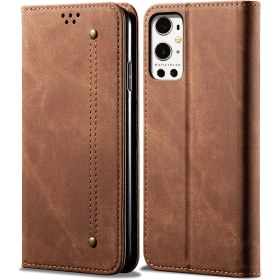 Resim Eabhulie Oneplus 9 Pro Için Retro Kot Deri Flip Cüzdan Standlı Kılıf Kapaklı - Kahverengi (Yurt Dışından) 