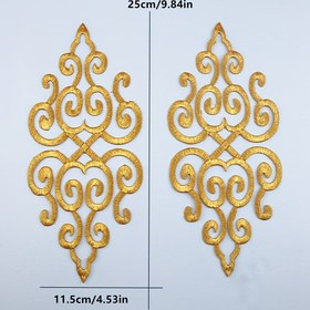 Resim 2 adet Zarif Altın Çiçek Nakışlı Aplikasyonlar Yapışkanlı - 24.99x11.51 cm, Giyim, Elbise ve Ev Dekoru için Demirle Dekoratif Yama, Nakış Malzemeleri 