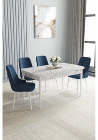 Resim Zümra Serisi, Beyaz Mermer Desen 80x132 Açılabilir Mdf Mutfak Masası Takımı 4 Adet Sandalye, Lacivert 