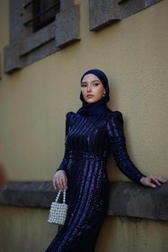 Resim BAHARYAMAÇLI Kadın Maren Lacivert Kemerli Şerit Pullu Tesettür Abiye Elbise 