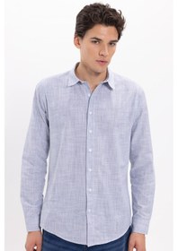 Resim Tudors Erkek Slim Fit Dar Kesim %100 Pamuk Çizgili Uzun Kollu Keten Efektli Lacivert Gömlek-46296 