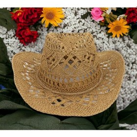 Resim Shopiolog Geniş Kenarlı Etnik Dokulu Uv Korumalı Hasır Kovboy Şapka Camel 